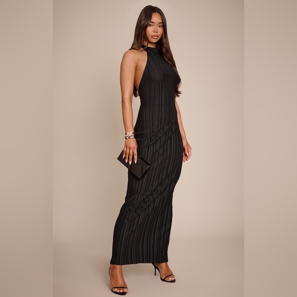 Black Plisse High Neck Low Back Maxi Dress, Size US 4